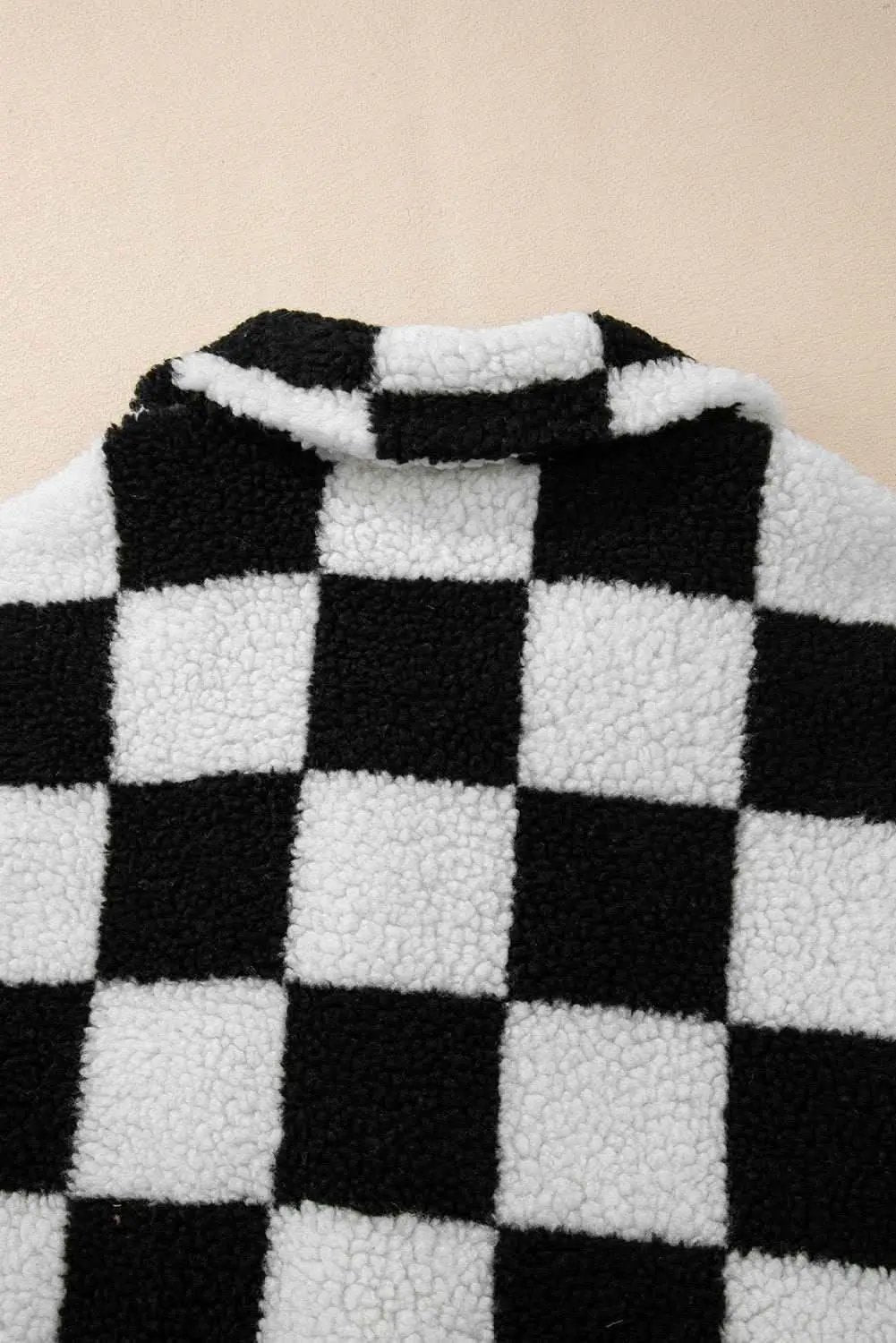 Black Checkered Side Pockets Collared Buttoned Fleece Jacket - Love Salve